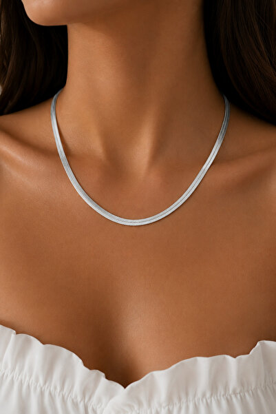 Balenbi Women's Anti-Tarnish Steel Flat Snake Chain Necklace 40+5 cm Silver C...