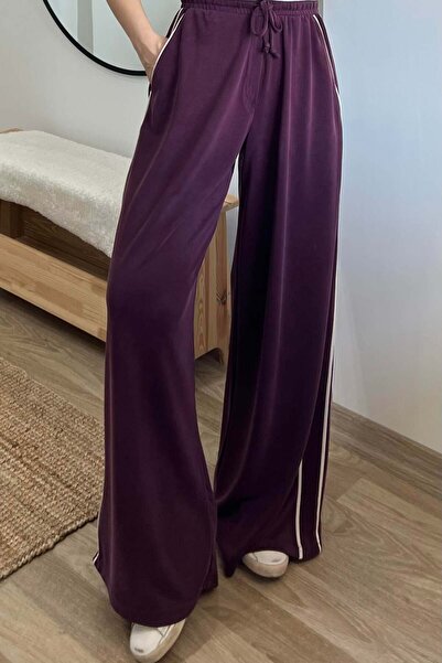 butikhola Bordo Oys Şerit Detaylı Rahat Modal Pantolon