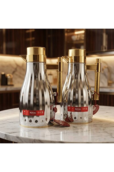 Royal طقم ترامس فضي لامع بمقاس 1لتر حافط للحرار 8-12 ساعه بتصميم فخم