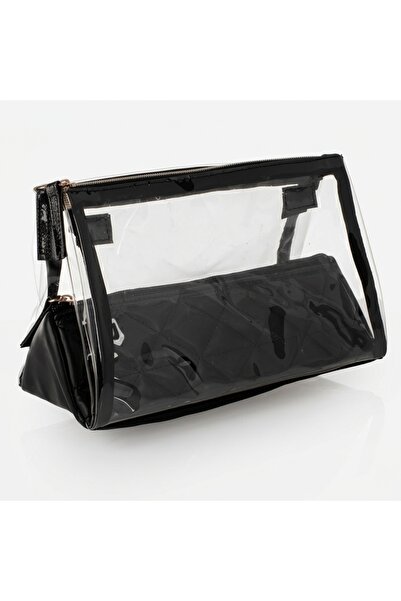Z Store Geantă de machiaj neagră transparentă cu 3 compartimente - Trusă cosm...