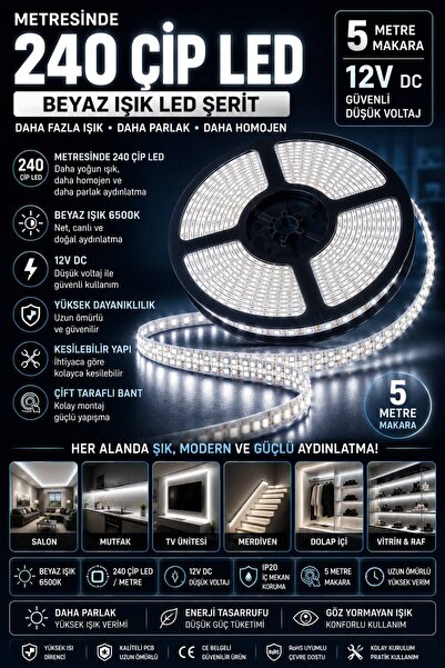 Noas 12V 240 ÇİP İÇ MEKAN ŞERİT LED BEYAZ