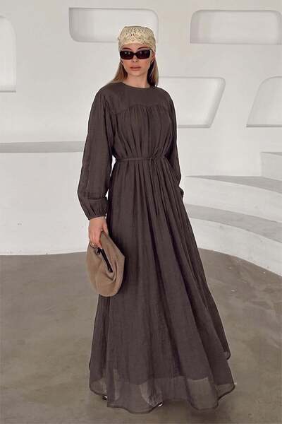 Olcay Robadan Gathered Waist Tie Casual Dress Brown 9465-E