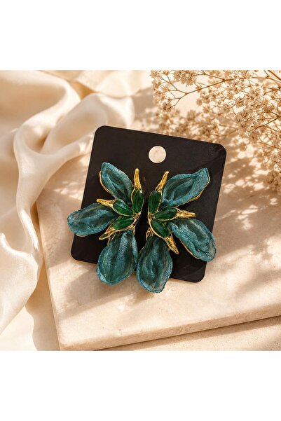 So Much Accesories Petrol Green Flower Shaped Women's Earrings with Gold Deta...