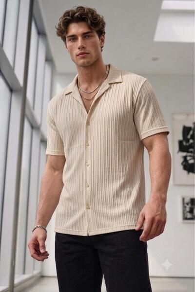 NO 601 Men's Beige Marcussa Striped Short Sleeve Summer Shirt