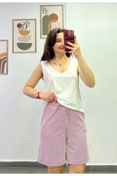 bydenizcollection Striped Shorts with Elastic Waist and Tie Detail