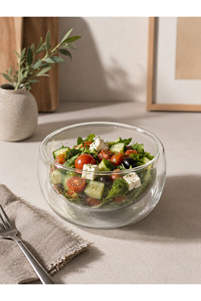 YzHome Çift Cidarlı Cam Salata Kasesi Tek Kişilik Kase Cidar Tabak 350ml