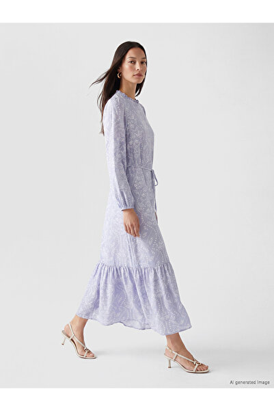 LC Waikiki Blue Ruffled High Neck Patterned Belted Dress