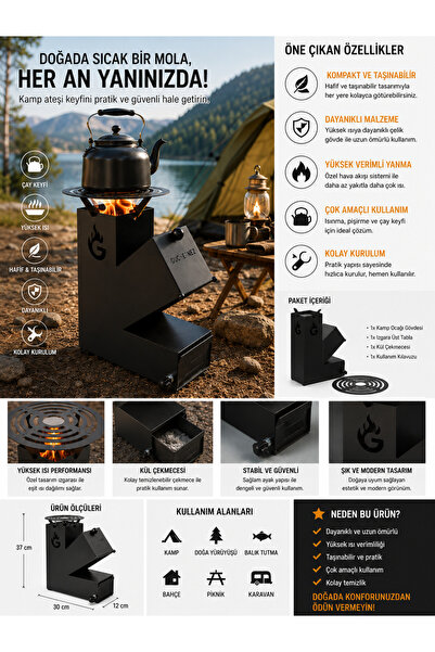 EyluX Shop Roket Soba, Rocket Stove 37x30x12 Kamp Ocağı, Odun Veya Pelet Kola...