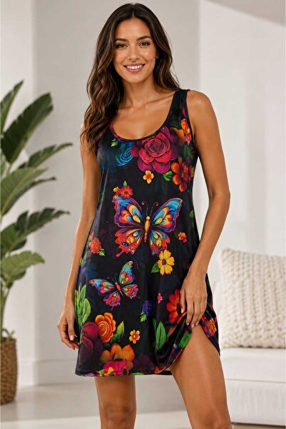 NO BRAND Rochie Mini de Vară cu Fluturi și Flori Multicolore – Vibrantă, Potr...