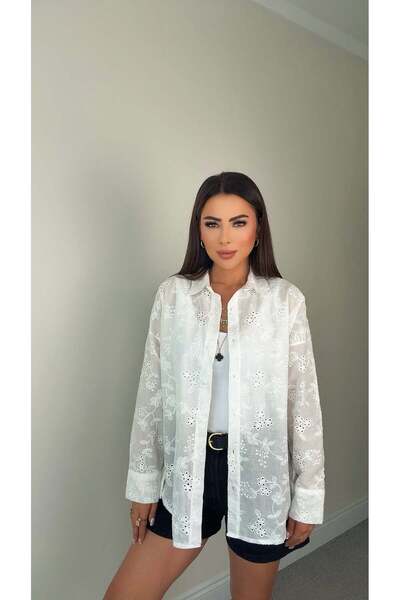 DİDEM GÜLTAKTI Gupi Kadın Güpürlü Oversize Beyaz Gömlek