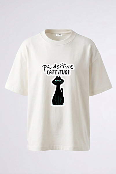Anetos Tricou oversize alb din bumbac cu imprimeu pe spate Pawsitive Cattitud...