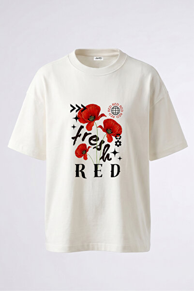 Anetos Red Poppies Design Back Printed Cotton White Oversize T-Shirt