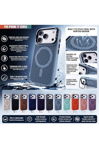Generic Compatible with iPhone 17 Pro, Magnetic Phone Case with Foldable Camera Lens Kickstand, Slim Shockproof TPU Cover, Heat-Dissipation Mesh, Drop Protection, Supports Magnetic Charging, Dark Blue