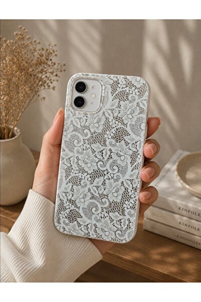 OVADA İphone 11 Uyumlu Beyaz Dantel Desenli Silikon Telefon Kılıfı