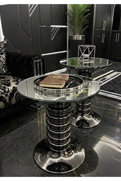 LUXURY VİLLA LUXURY KOYU FÜME METAL DEKORATIF 2Lİ YAN SEHPA ÇAP 40 × 40 YÜKSE...