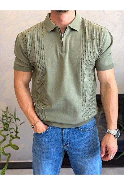 ECARTS Men's Openwork Detailed Regular Fit Zippered Polo Collar Tshirt Khaki ...