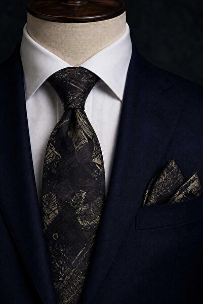 Kravatkolik Black Plum Motif Pattern Classic Tie with Handkerchief Kk13746