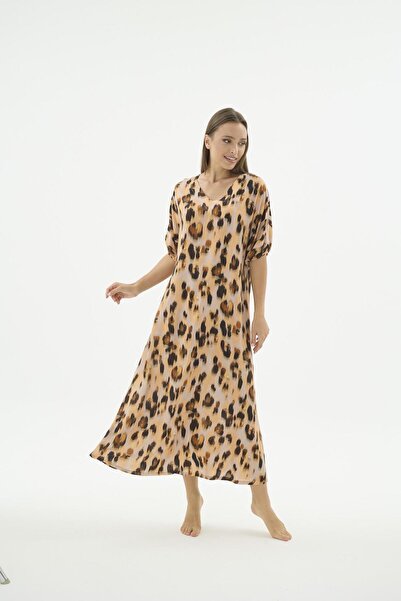 Sevim Women's Leopard Print Long Dress Loose Comfortable Cut Casual Summer Dr...