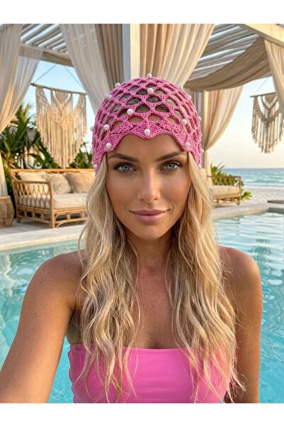 Trend Şapka 19097-5 Ružičasta mrežasta bandana kapa sa perlama