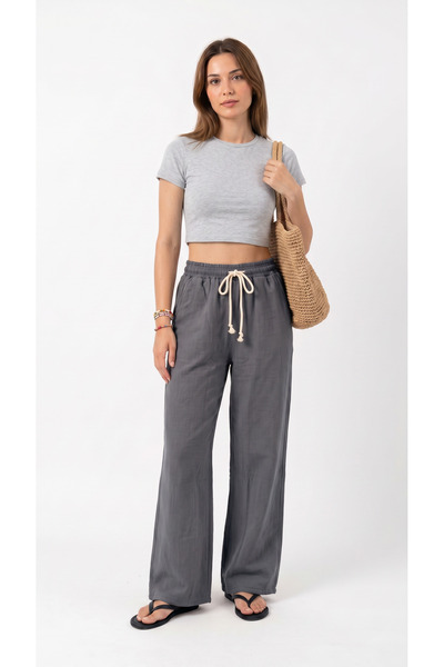 BETES Pantaloni de damă din muselină și in, stil palazzo, cu buzunare