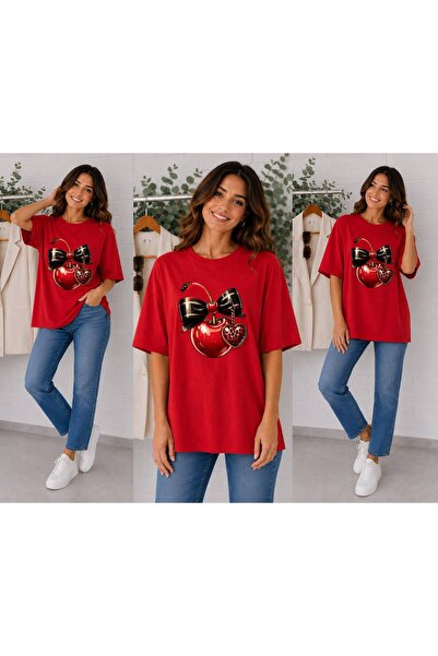ENB1R MODA Women's Red Premium Basic T-Shirt with Shiny Cherry Black Bow Them...
