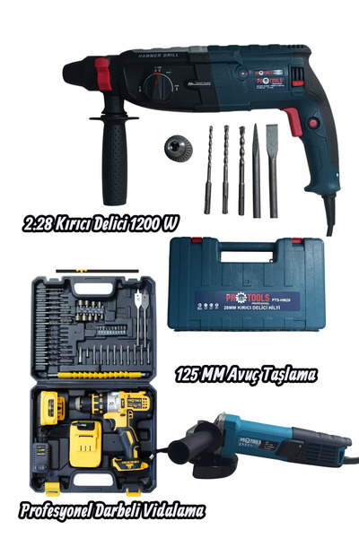 GVN PROTOOLS Profesyonel 3'lü Set - 1200W Kırıcı Delici Hilti, 125 mm Avuç Ta...