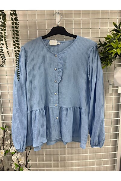 LİMRA Kadın Krinkıl Kumaş Fırfır Detaylı Büzgülü Peplum Gömlek