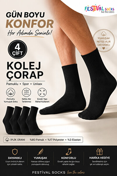 Festival Socks 4 Pairs Black College Socks Cotton Unisex Sports Socks Breatha...
