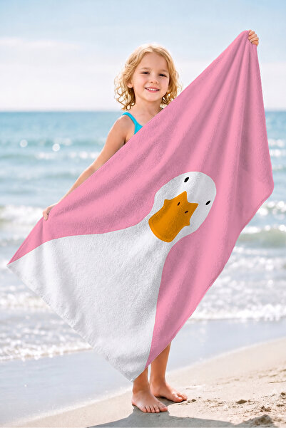 Evimde Bambaşka Pink Children's Beach Towel with Duck Figure - Cute Minimalis...