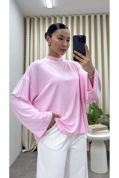 YOUR NAME Dik Yaka Oversize Dökümlü Pembe Bluz