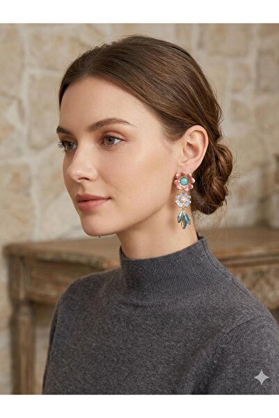Trinidad Modern Earrings with Pearl Detail and Multi-Colored Flower and Leaf ...