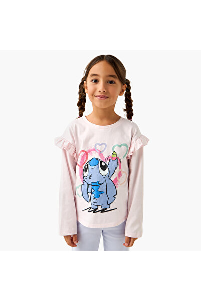 Disney Crew Neck Long Sleeve T-shirt with Stitch Print and Ruffle Detail