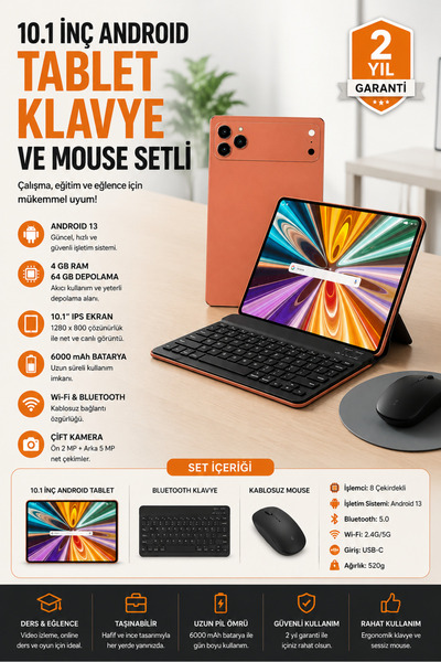 SAYARMARKT 10.1 İnç IPS Ekranlı Android Tablet Çoklu Kullanım Paketi