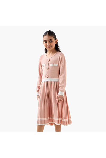 ELIGO Round Neck Long Sleeves Midi Dress with Floral Applique