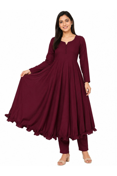 MYSMAR Maroon Faux Georgette Anarkali Dress Set - FFT8581 | Maroon