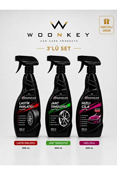 woonkey 3'lü Premium Oto Bakım Seti 500 ml Lastik Parlatıcı + 500 ml Jant Tem...