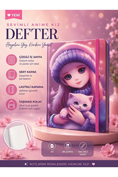 PeriMila Sevimli Anime Kedili Kız Tasarımlı Sert Kapak Defter A5 Çizgili 80 S...