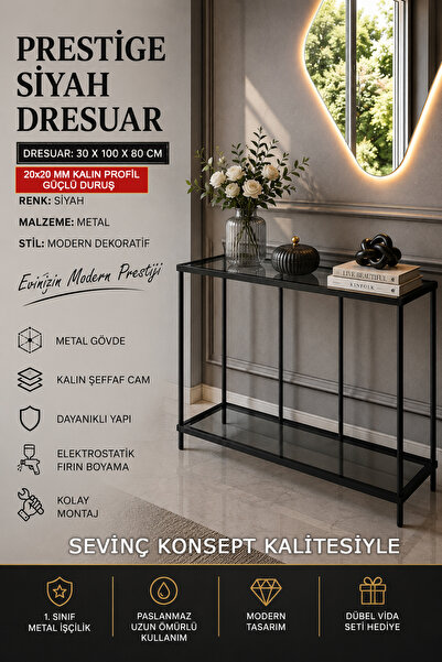 SEVİNÇ KONSEPT SİYAH Prestige Dresuar, 6 mm Kalın Güvenilir Şeffaf Camlı, Dek...