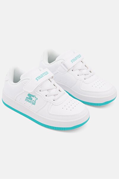 Starter Kids Girl Lace Up With Velcro Leathered Sports Shoes, White/Turquoise
