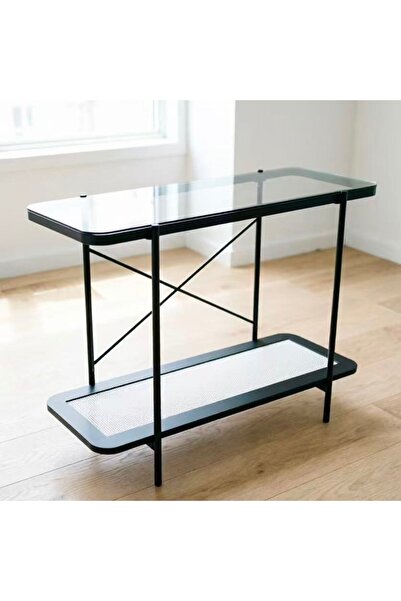Bleco 2-Tier Smoked Tempered Glass Rattan Console Table, Metal Frame Long Sto...