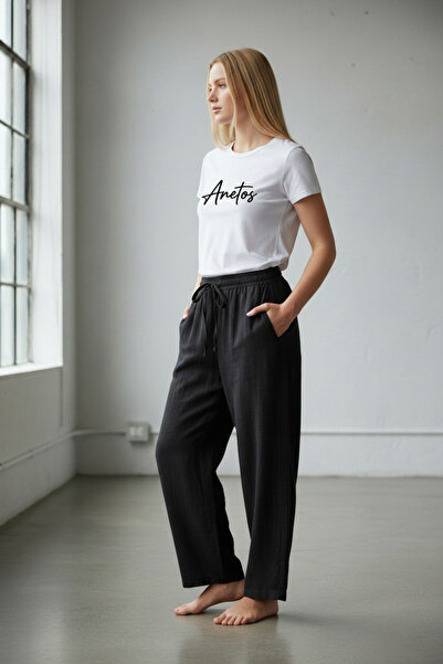 Anetos Pantaloni unisex din bumbac negru, din țesătură de muselină, anti-tran...