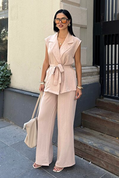 BEJNA Γυναικείο γιλέκο με ζώνη Palazzo Linen Touch Suit