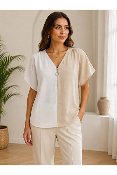 Kokosh moda Γυναικεία μπλούζα με φερμουάρ μπροστά, με λαιμόκοψη V, κοντό μανί...