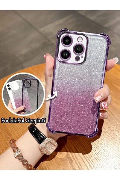 ucuc iPhone 14 Pro Uyumlu Şeffaf Dört Köşe Silikon Kaplama Parlak Kenar Kılıf