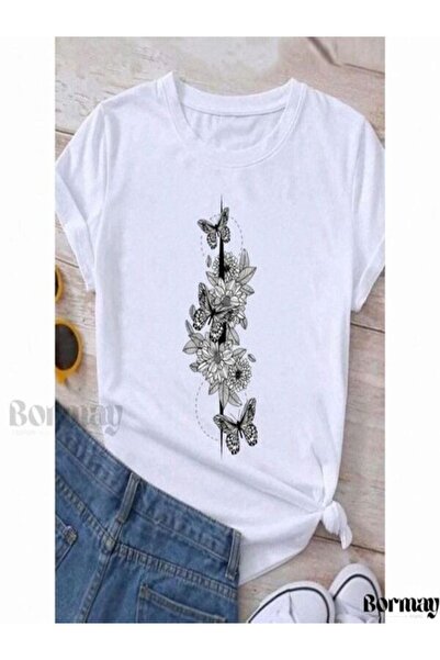 COZYWEAR White T-Shirt with Flower and Butterfly Pattern