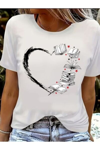 vorena White T-Shirt with Heart and Book Pattern