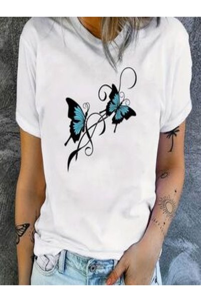 vorena Blue Butterfly Printed White T-Shirt
