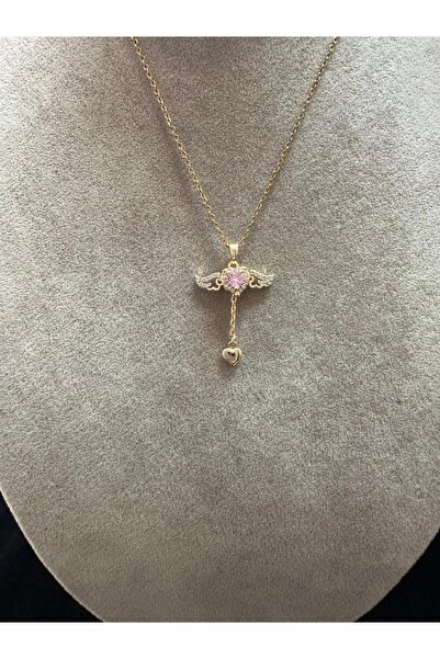 Çelik pembe taşlı kanatlı kalp kolye