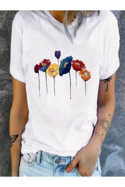 COZYWEAR Floral Patterned White Oversize T-Shirt