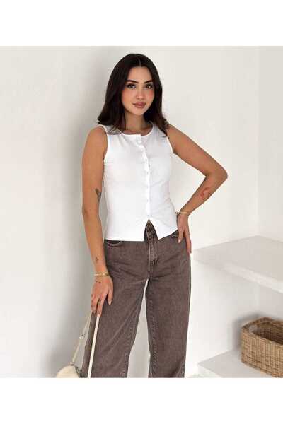 Budan Export Women's Buttoned Crew Neck Sleeveless Stretchy Fitted Summer Blouse
